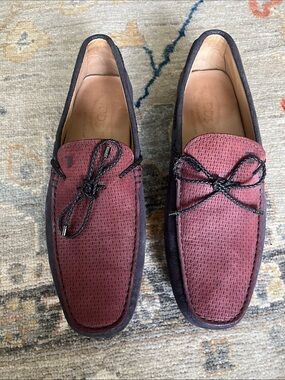 Tod's Men's Burgundy Nubuck Driving Loafers embossed panel - gommino soul 9.5 UK